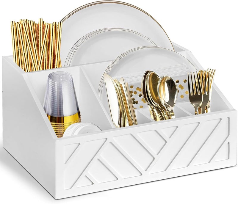 Ukonvi Paper Plate Dispenser, Paper Plate Holder for Kitchen Counter, Wood Rustic Silverware Utensil Caddy, Cutlery Flatware Organizer Box for Cups Spoons Forks Plates Napkins, Kitchen Accessories (White) - Image 1